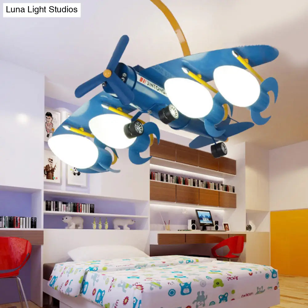 Child Bedroom Cartoon Metal Chandelier - Blue Propeller Plane Design With 4 Bulbs Hanging Lighting
