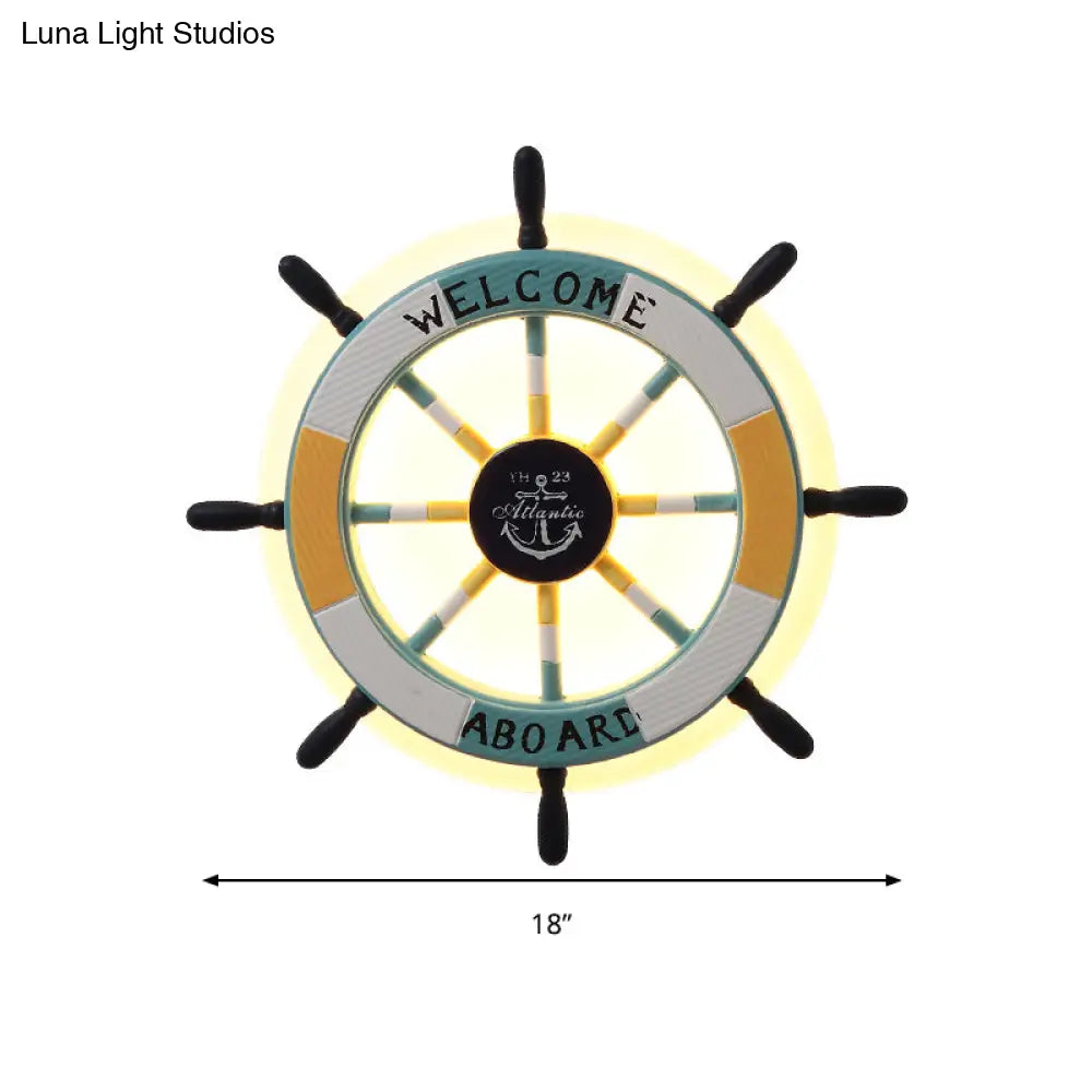 Child-Friendly Cartoon Rudder Wall Light - White Wood Led Sconce For Nurseries And Shops