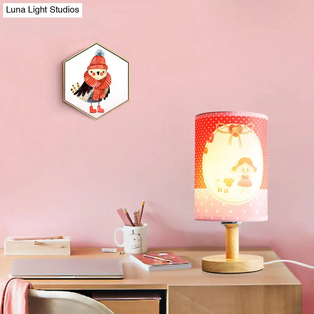 Childrens Pink Desk Light: Light And Durable Fabric-Wood Cylinder Lamp For Girls Bedroom