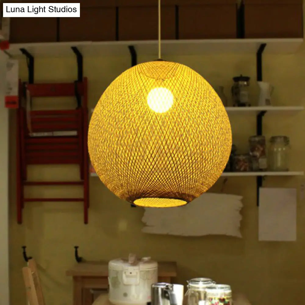 Chinese Beige Globe Pendant Light Fixture - Bamboo Suspension Lighting For Living Room