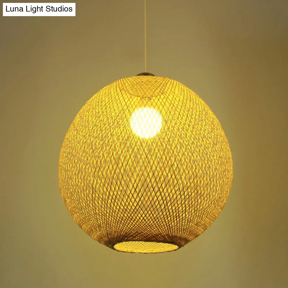 Chinese Beige Globe Pendant Light Fixture - Bamboo Suspension Lighting For Living Room