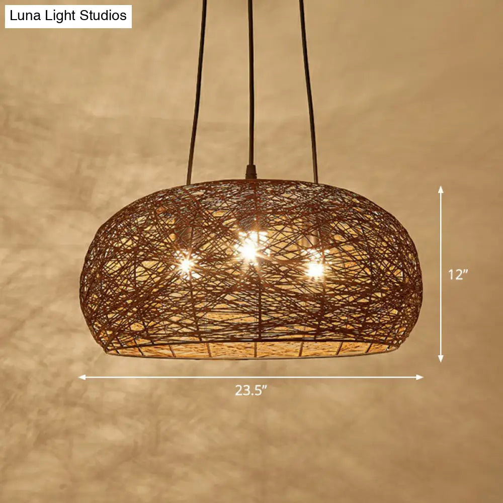 Chinese Dome Rattan Chandelier With 3 Pendant Lights For Restaurants