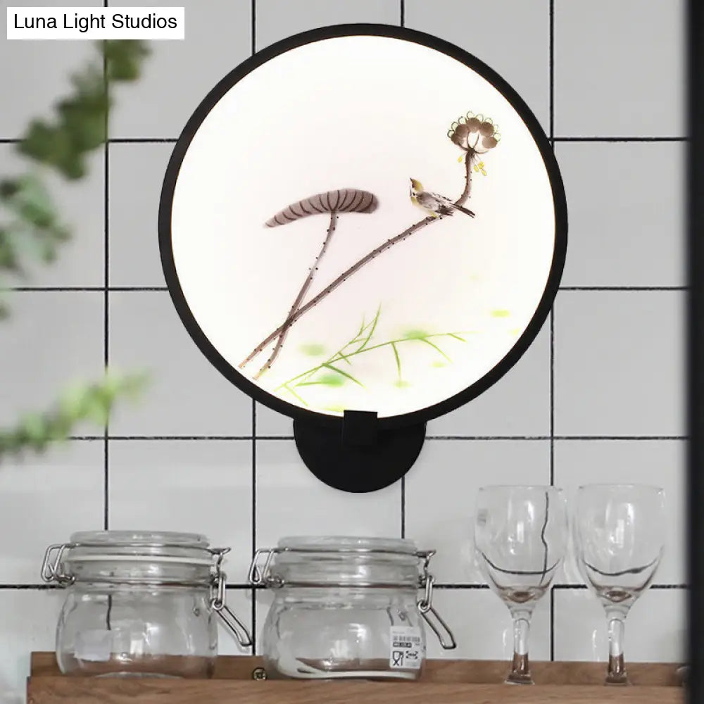 Chinese Ink House/Lotus Mural Led Circle Wall Sconce Light In Black - Acrylic Bedroom