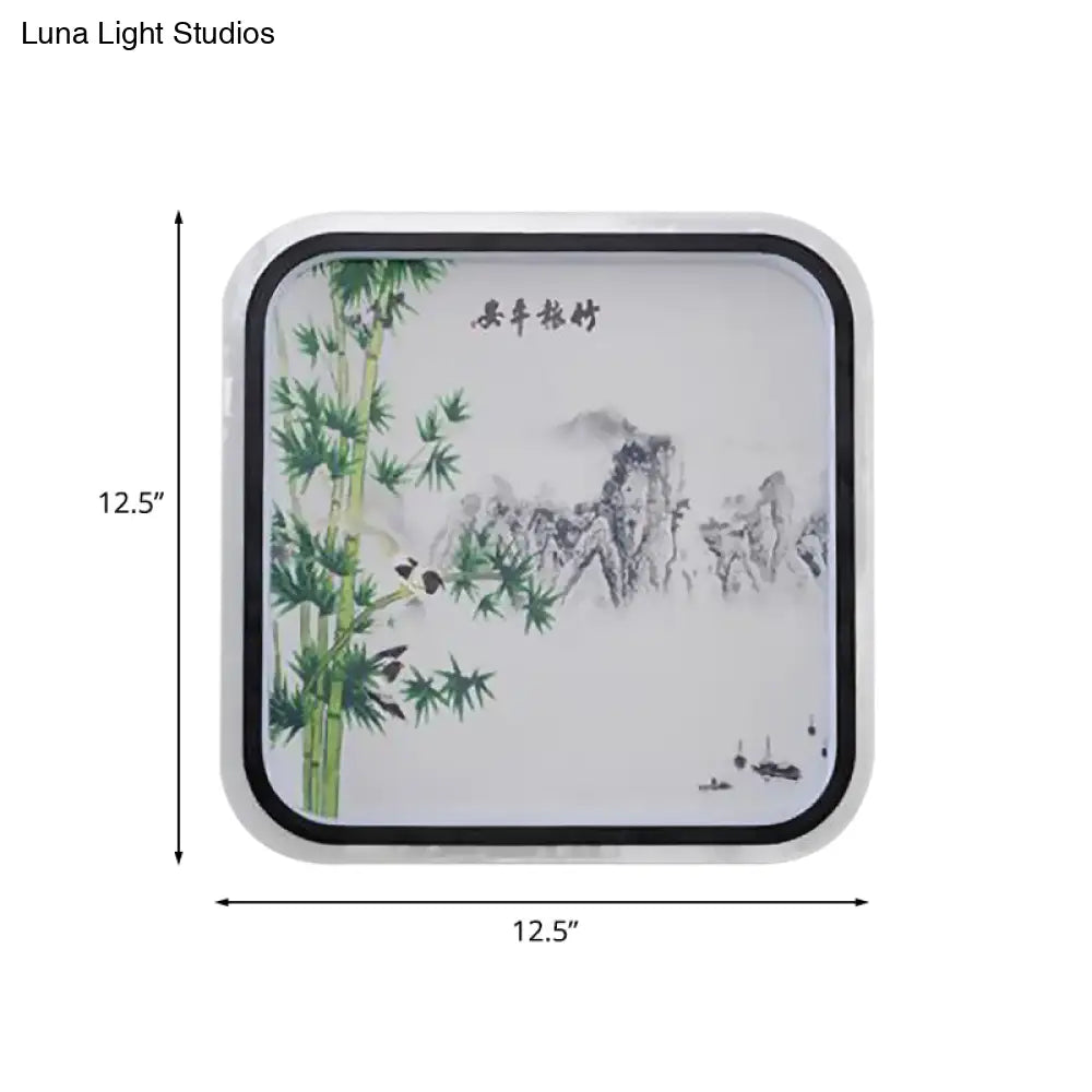 Chinese Led Flush Mount Wall Light With Black Leaf/Flower Painting And Fabric Shade