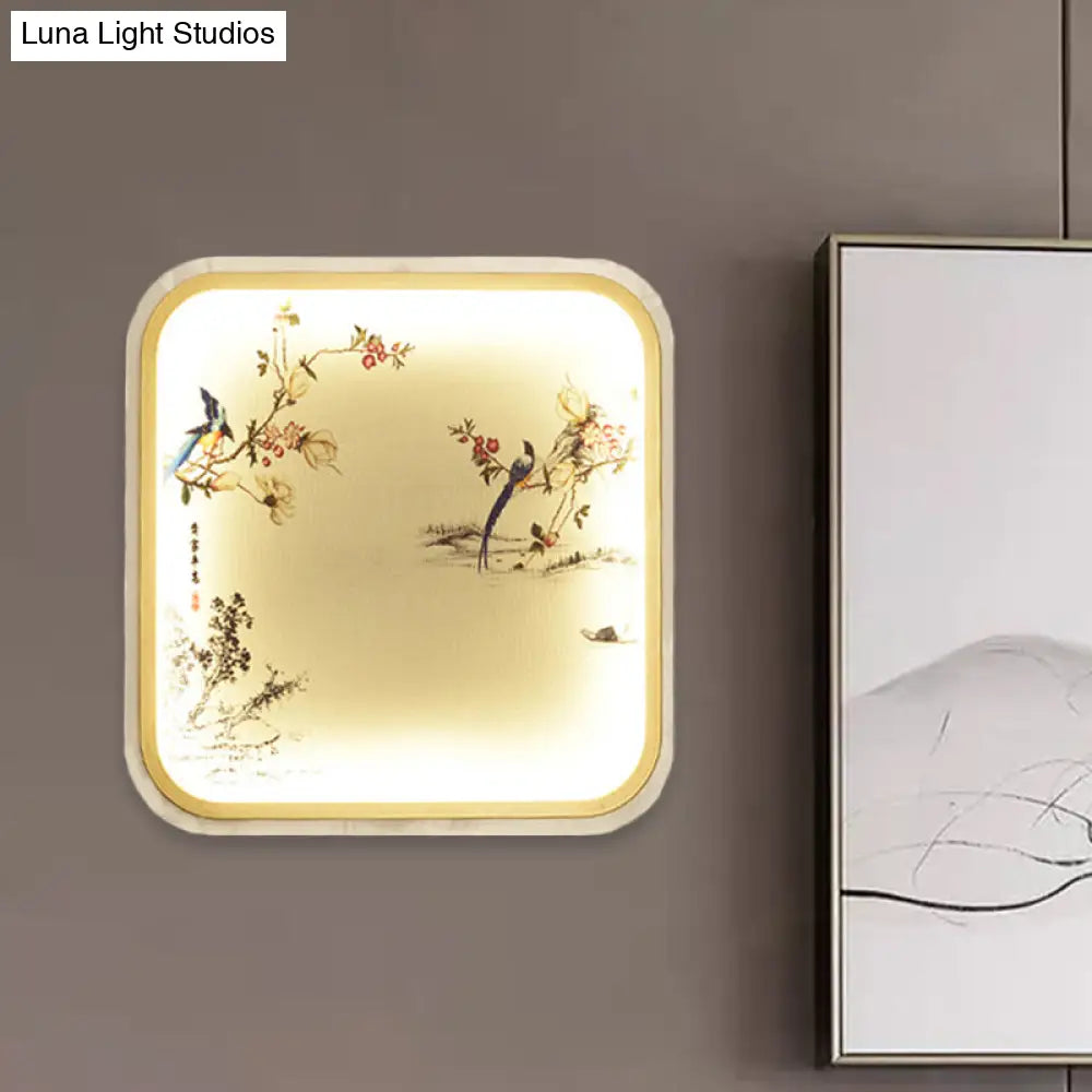 Chinese Led Flush Mount Wall Light With Black Leaf/Flower Painting And Fabric Shade