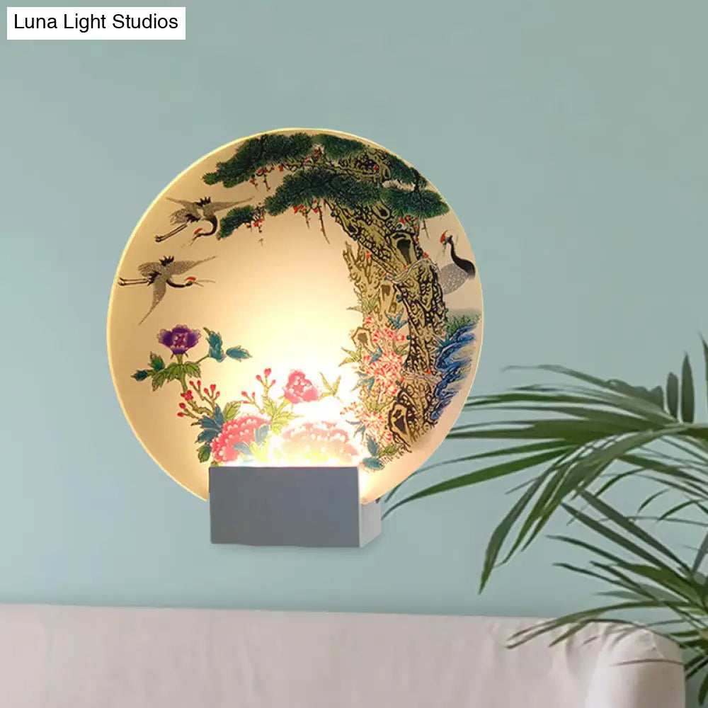 Chinese Led Wall Lamp With Halcyon And Peony Pattern - White Disc Shape