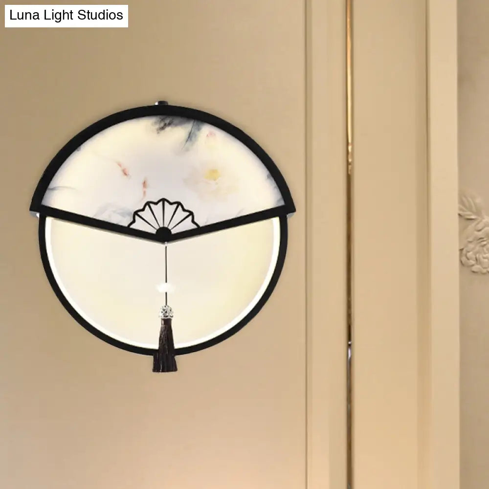 Chinese Metal Black Fan-Shaped Led Wall Lamp With Mountain Scene Mural Light And Tassel Knot Accent