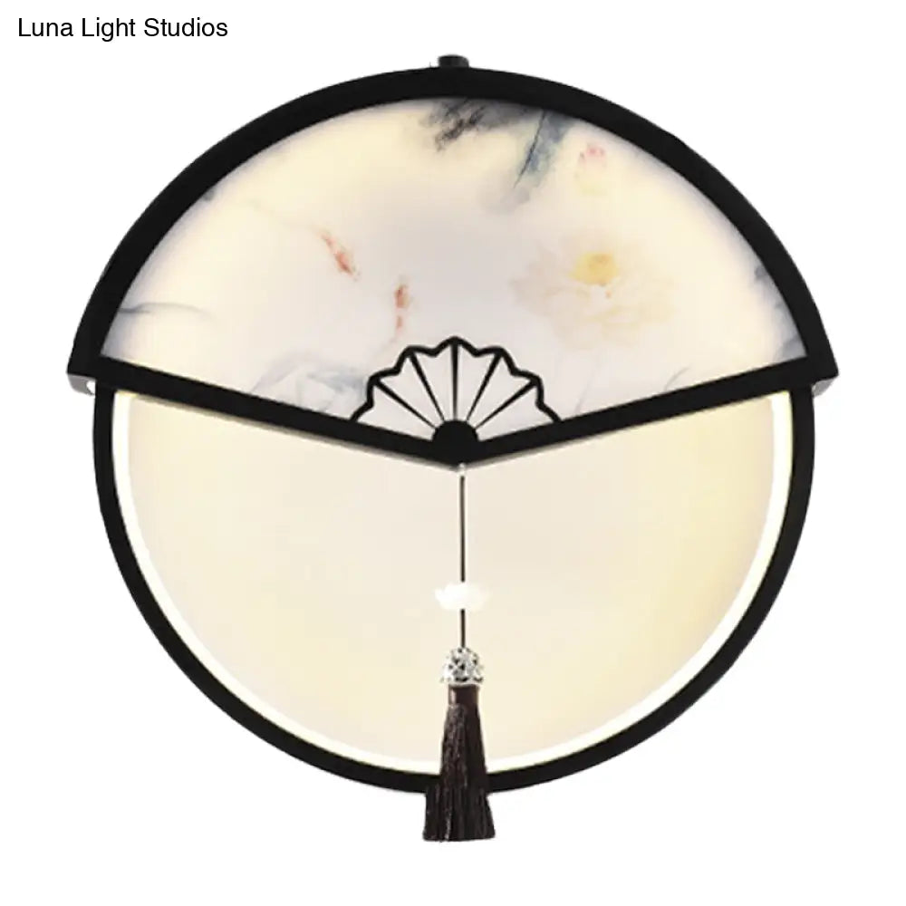 Chinese Metal Black Fan-Shaped Led Wall Lamp With Mountain Scene Mural Light And Tassel Knot Accent