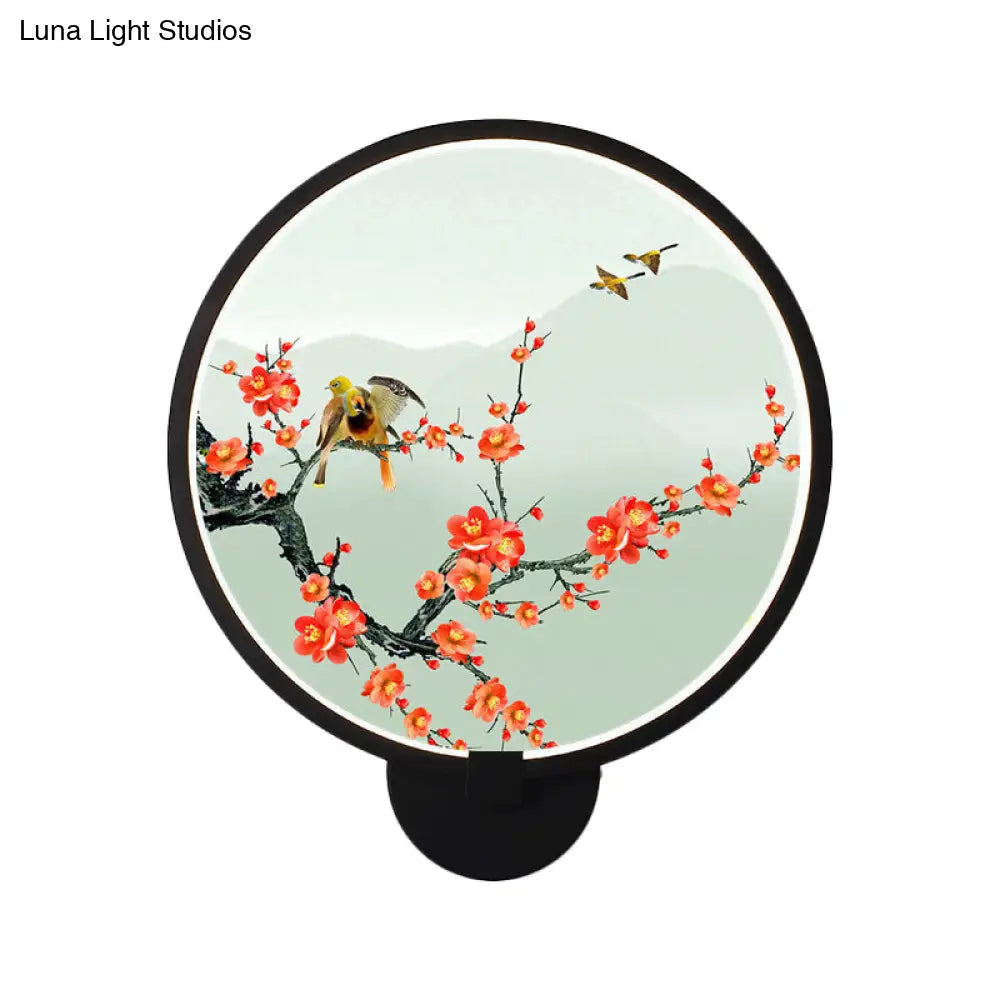 Chinese Metal Led Wall Lamp With Circular Natural View - Black Mural Light For Bedroom