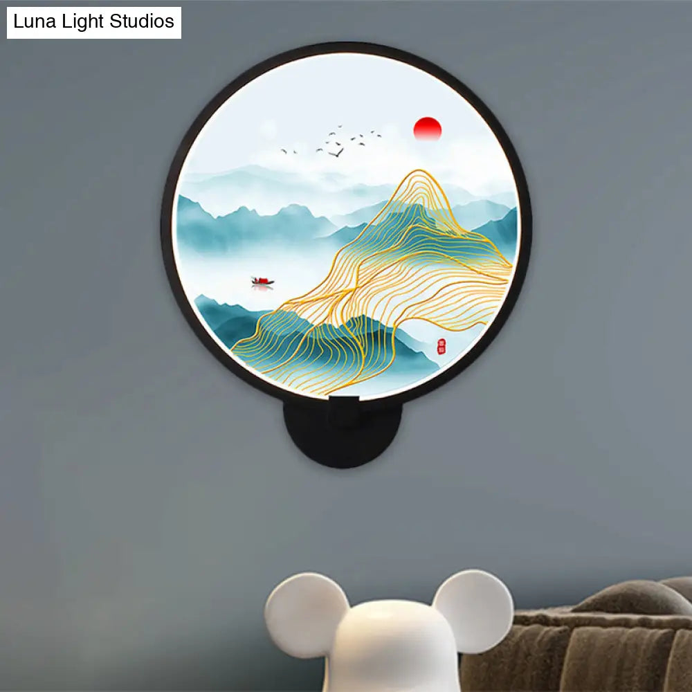 Chinese Metal Led Wall Lamp With Circular Natural View - Black Mural Light For Bedroom