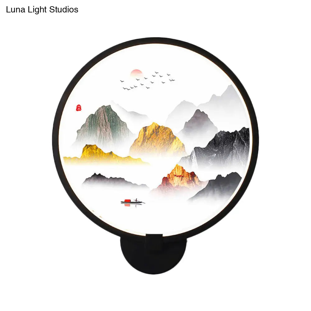 Chinese Metal Led Wall Lamp With Circular Natural View - Black Mural Light For Bedroom