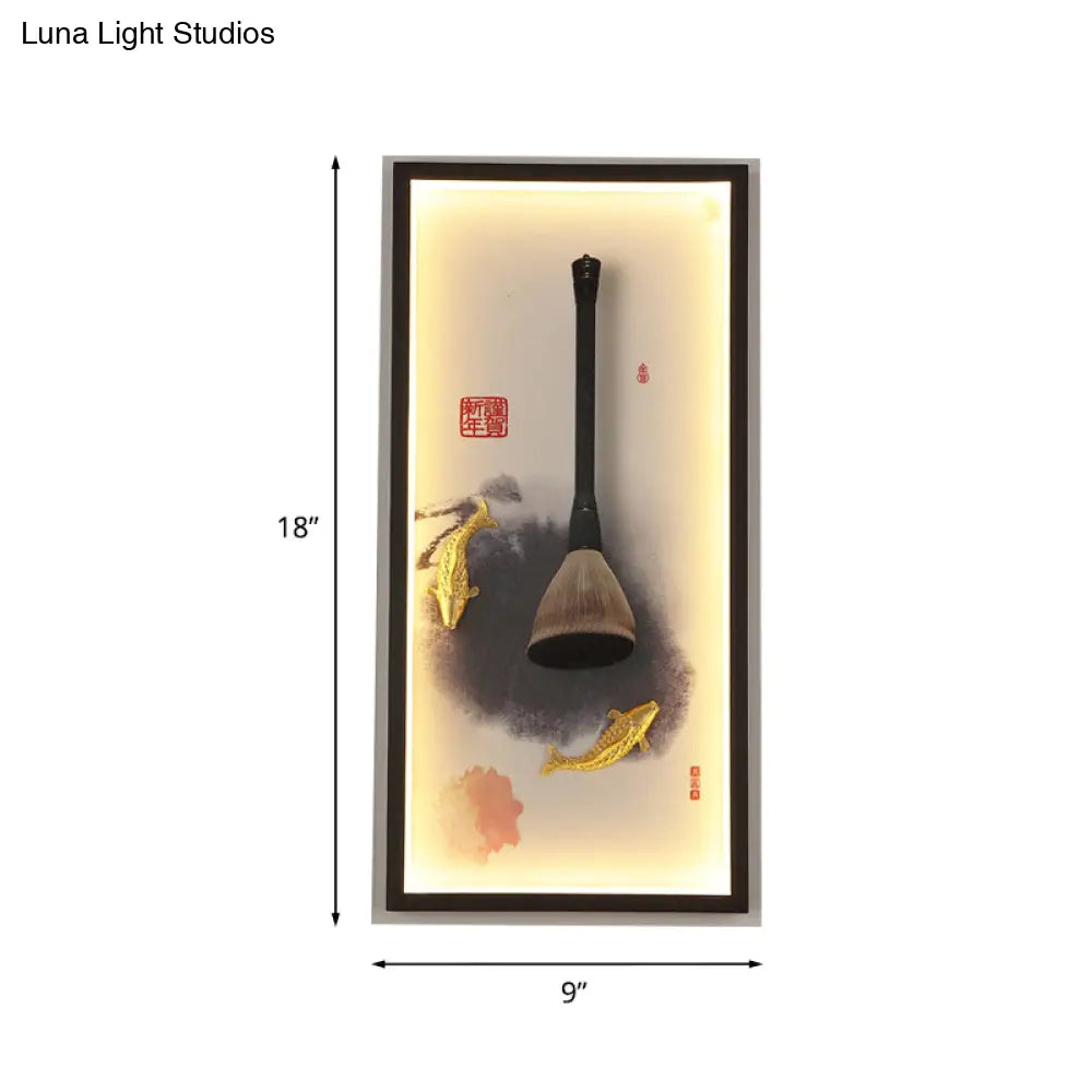 Chinese Metal Wall Lamp: Fish & Writing Brush Led Mural Light For Study Room In Black