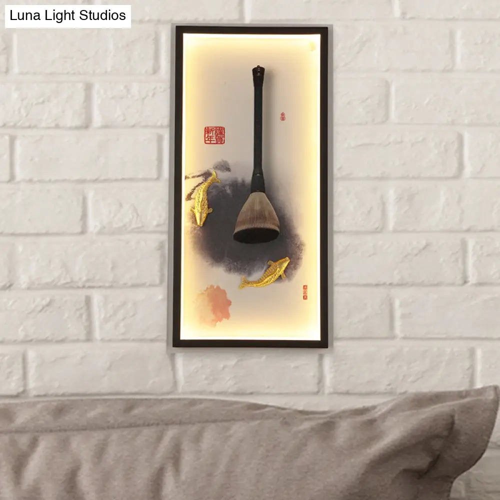 Chinese Metal Wall Lamp: Fish & Writing Brush Led Mural Light For Study Room In Black