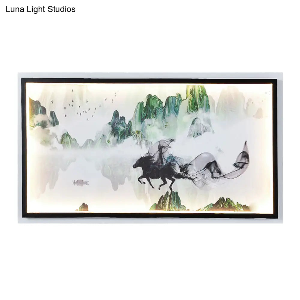 Chinese Steed And Landscape Mural Led Wall Lamp In Black - Fabric Parlor Lighting