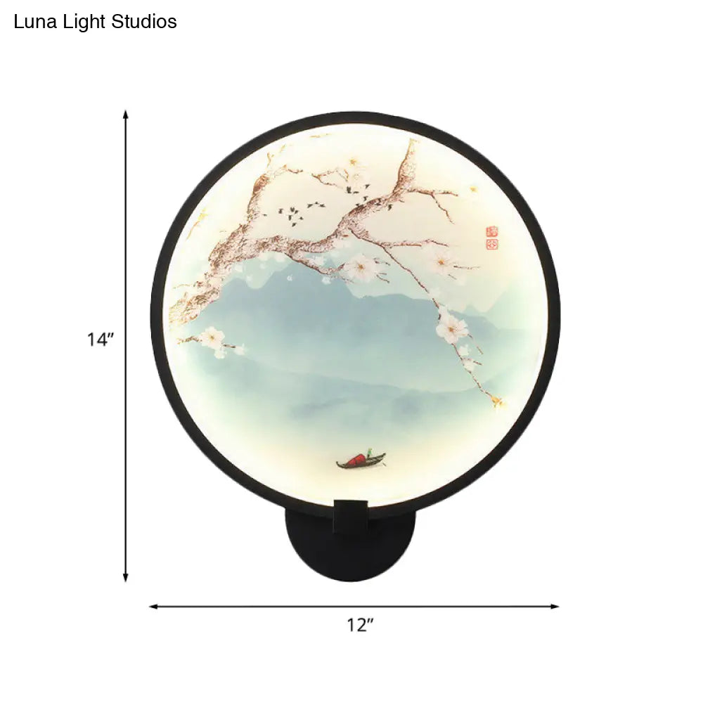 Chinese Style Acrylic Led Wall Sconce In Black Ginkgo/Blooming Plum Mural Light Fixture For Bedrooms