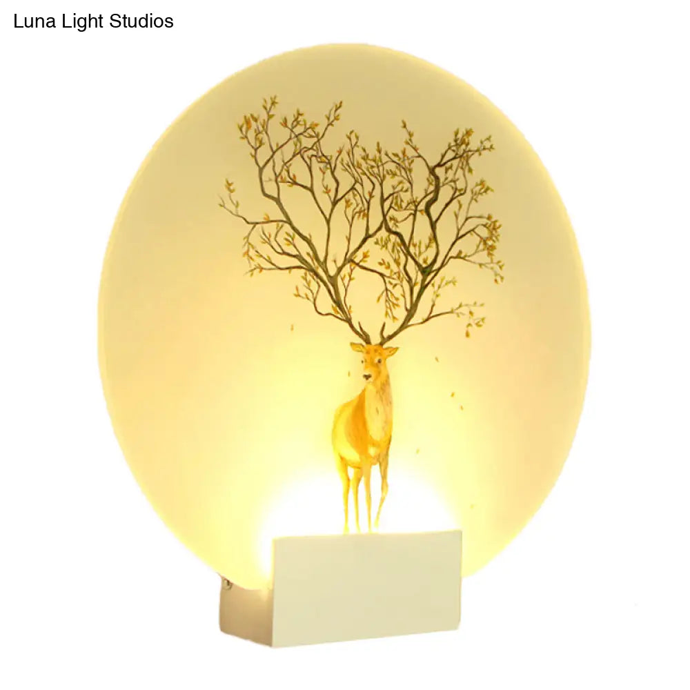 Chinese Style Led Acrylic Elk Wall Lamp: Circular Living Room Mural Light In White