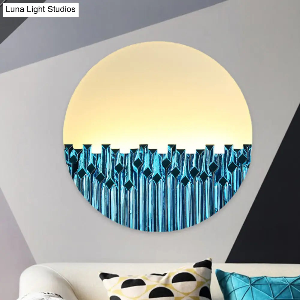 Chinese Style Led Corridor Wall Lamp: Blue/Silver Metallic Surface Patterned Light With Round