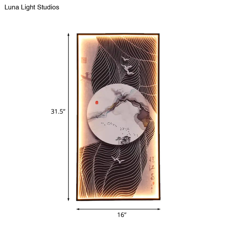 Chinese Style Led Wall Lamp - Fabric Script/Landscapes Mural Lighting Black