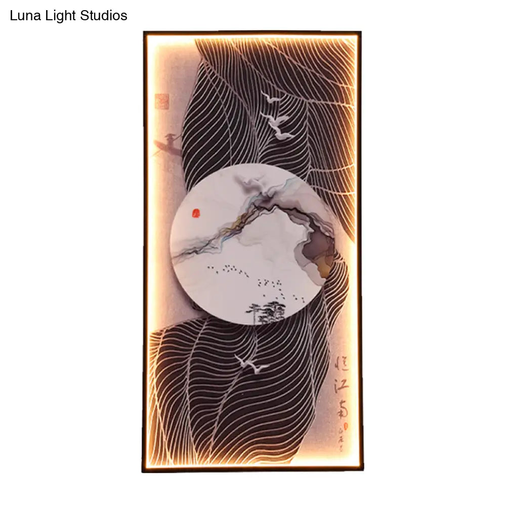 Chinese Style Led Wall Lamp - Fabric Script/Landscapes Mural Lighting Black