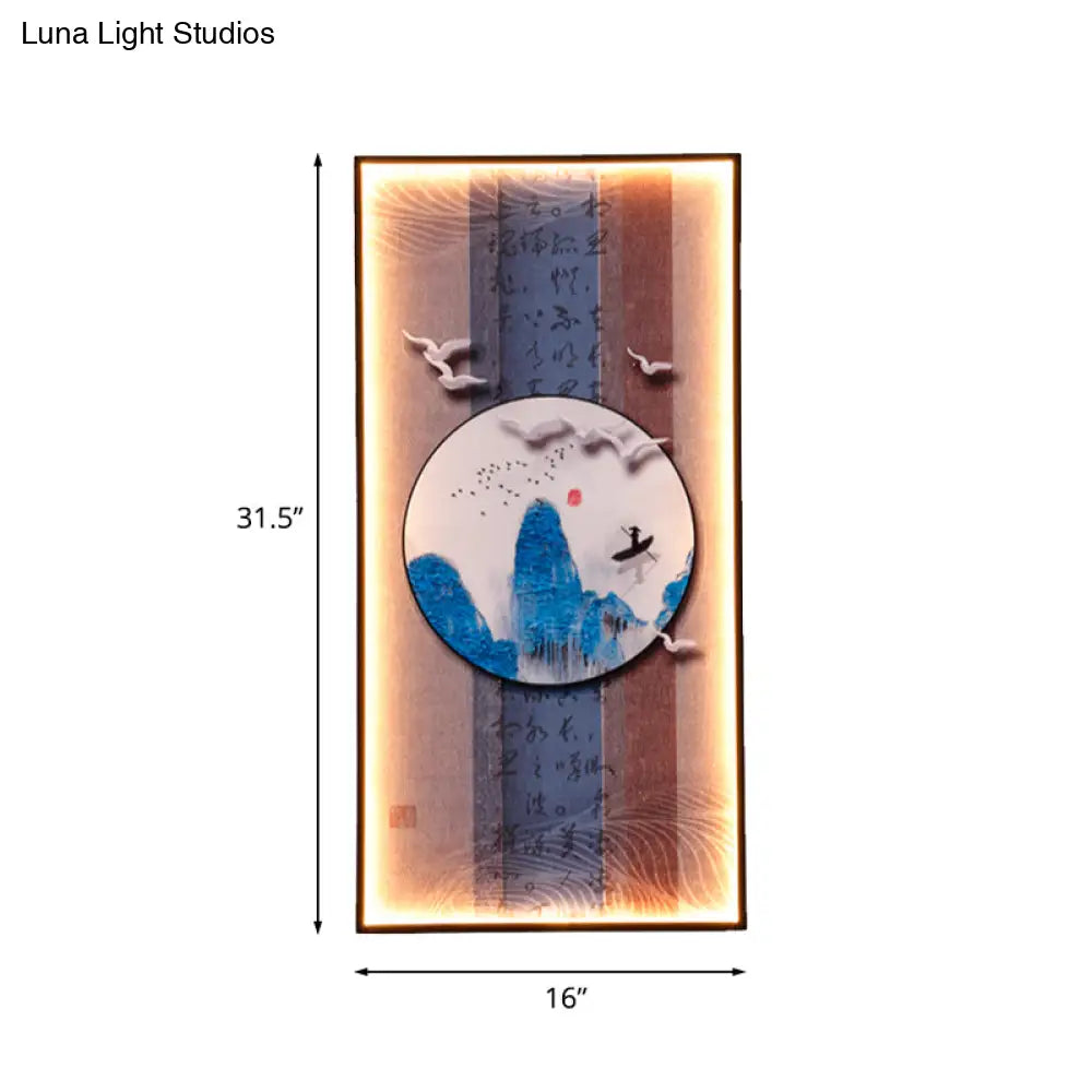 Chinese Style Led Wall Lamp - Fabric Script/Landscapes Mural Lighting Black