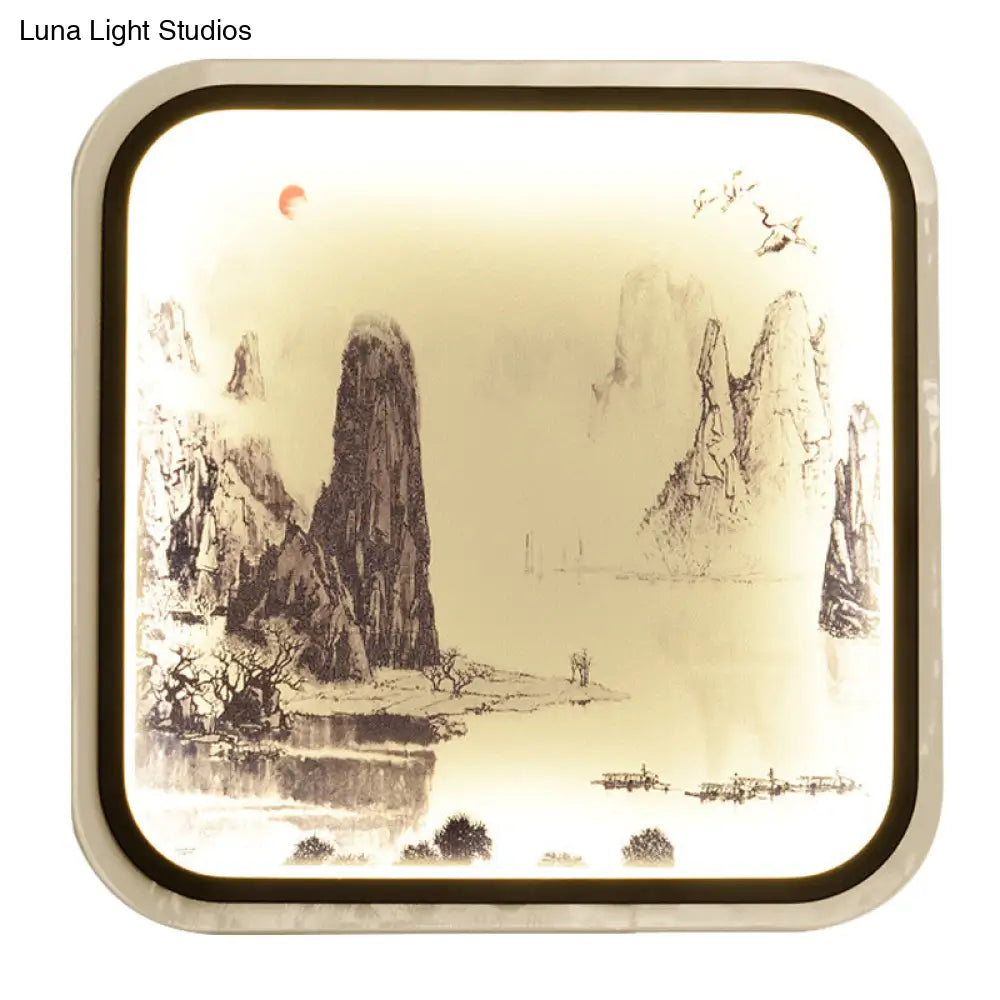 Chinese Style Mountain Patterned Square Mural Lamp With Led Flush Mount For Living Room In Grey/Blue