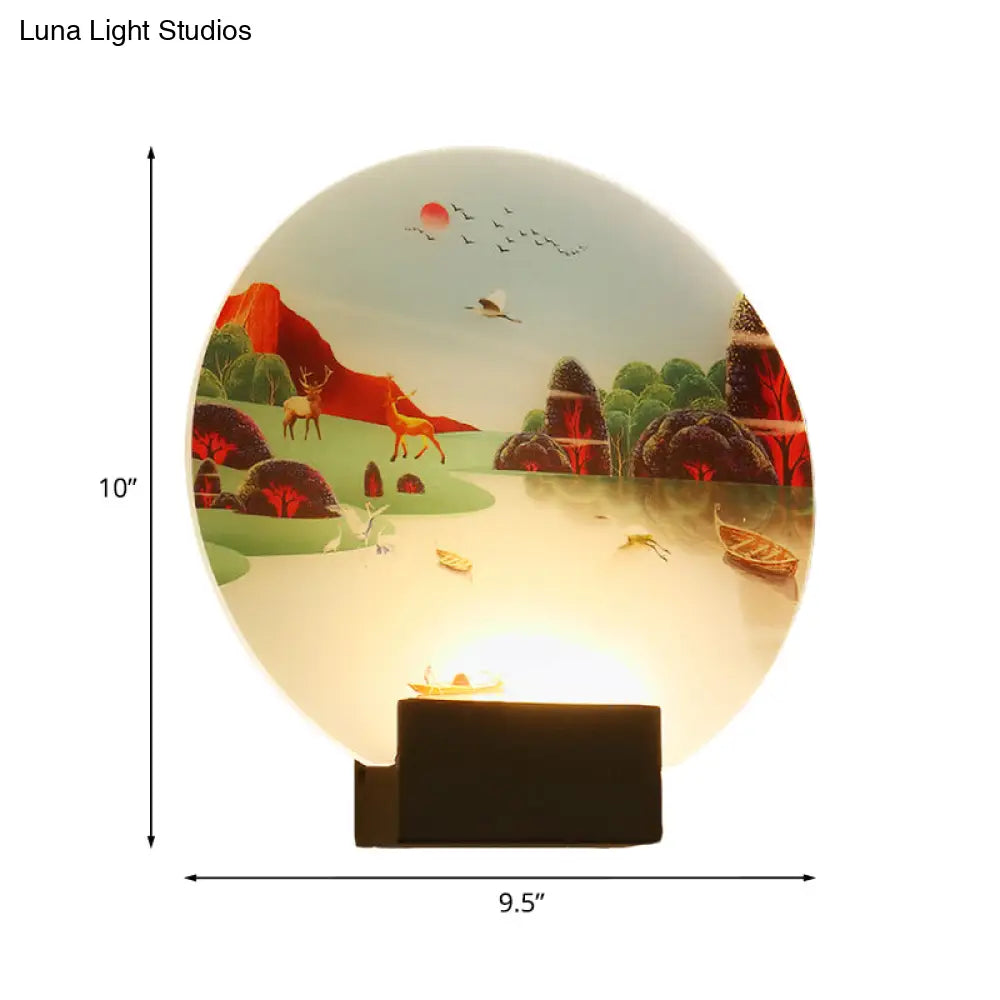 Chinese Style Wall Lamp With Led Acrylic Mural Featuring Black Elk And Lake