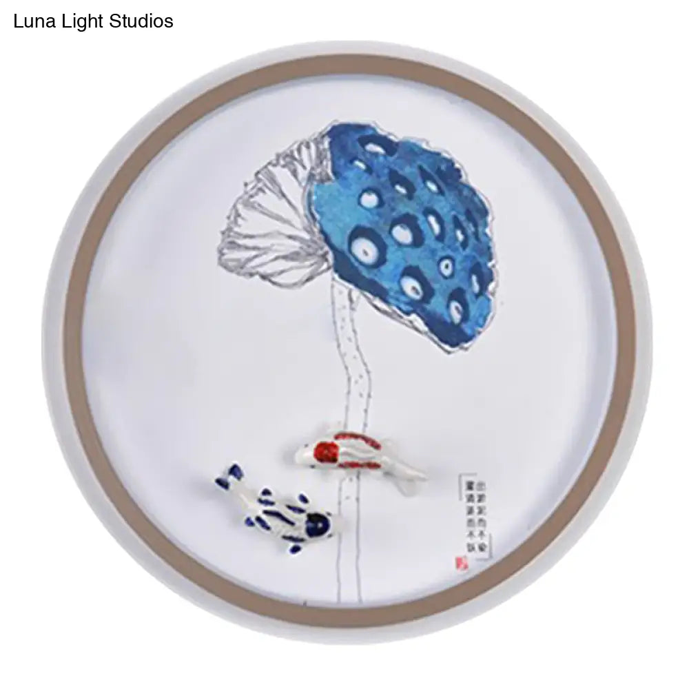 Chinese Style Watercolour Mountain/Fish Led Wall Mount In White For Bedroom Décor