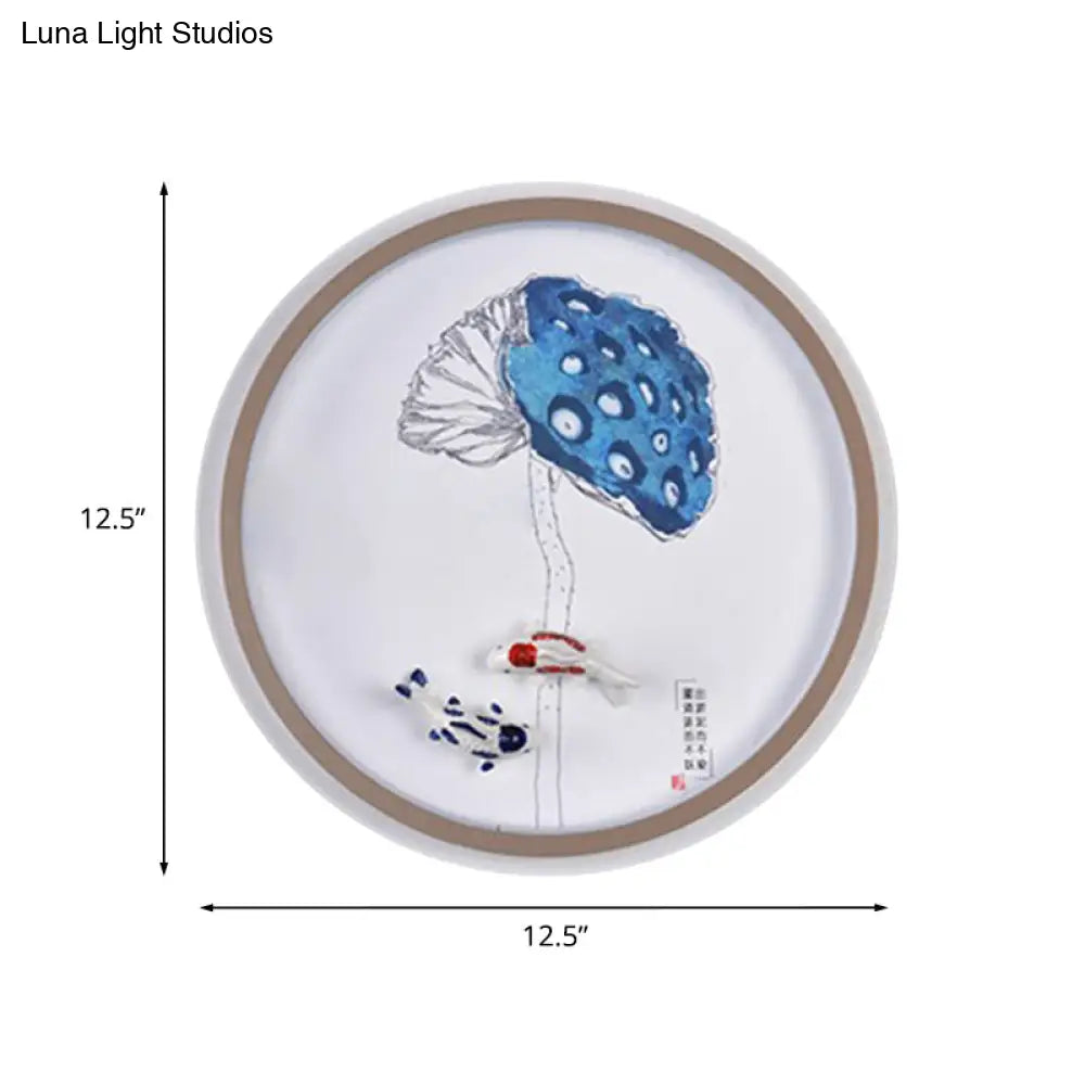 Chinese Style Watercolour Mountain/Fish Led Wall Mount In White For Bedroom Décor
