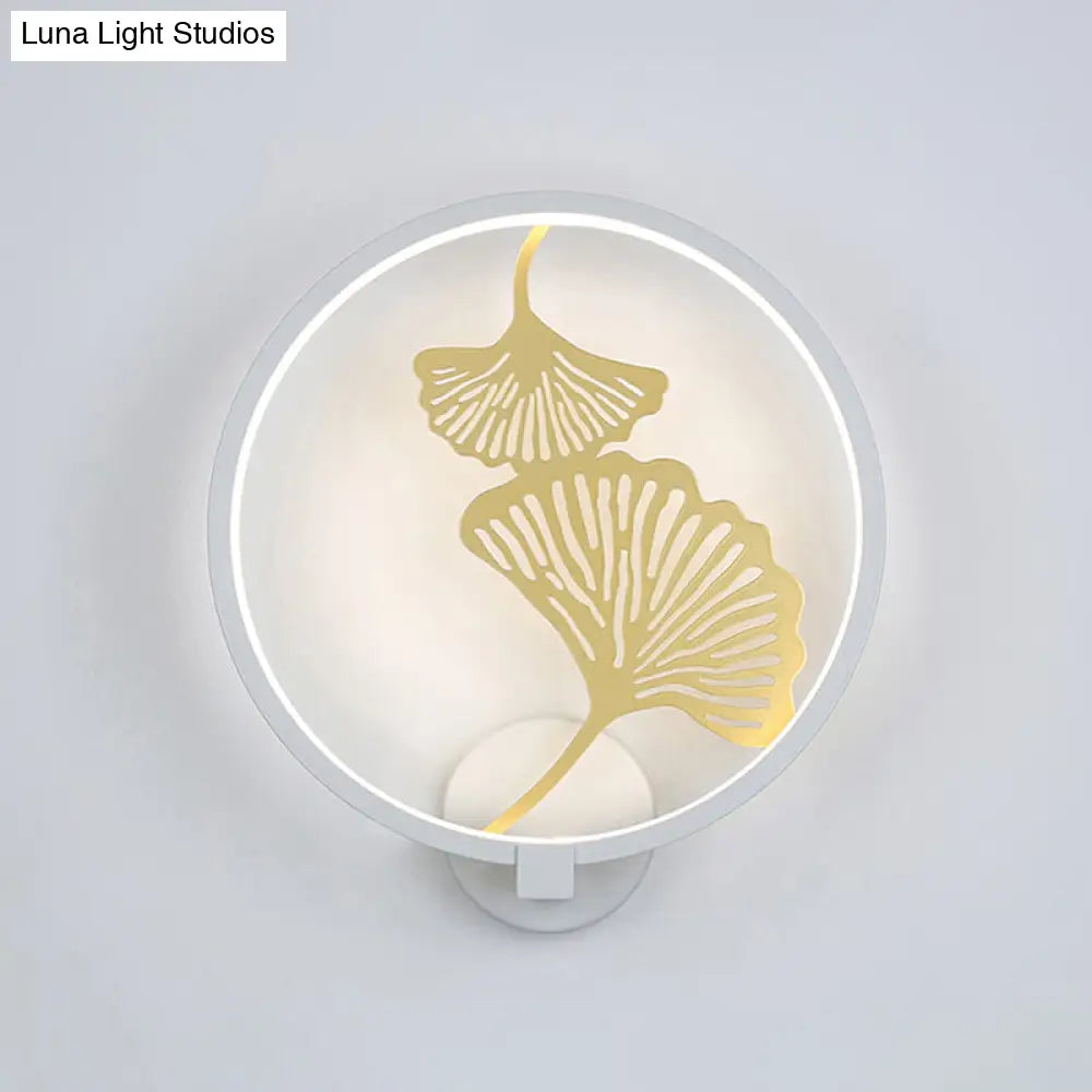 Circular Ginkgo Mural Light: Contemporary Led Metallic Wall Lighting For Living Room (Black/White