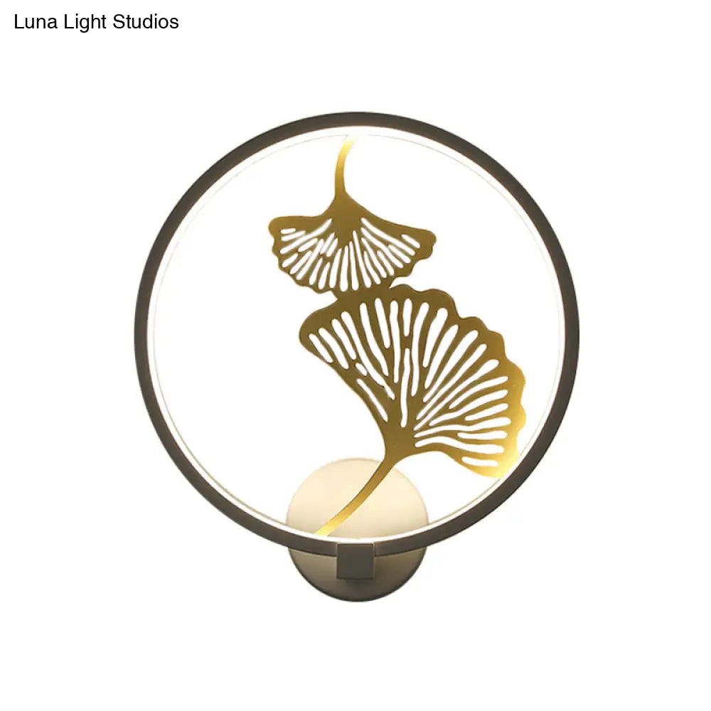 Circular Ginkgo Mural Light: Contemporary Led Metallic Wall Lighting For Living Room (Black/White