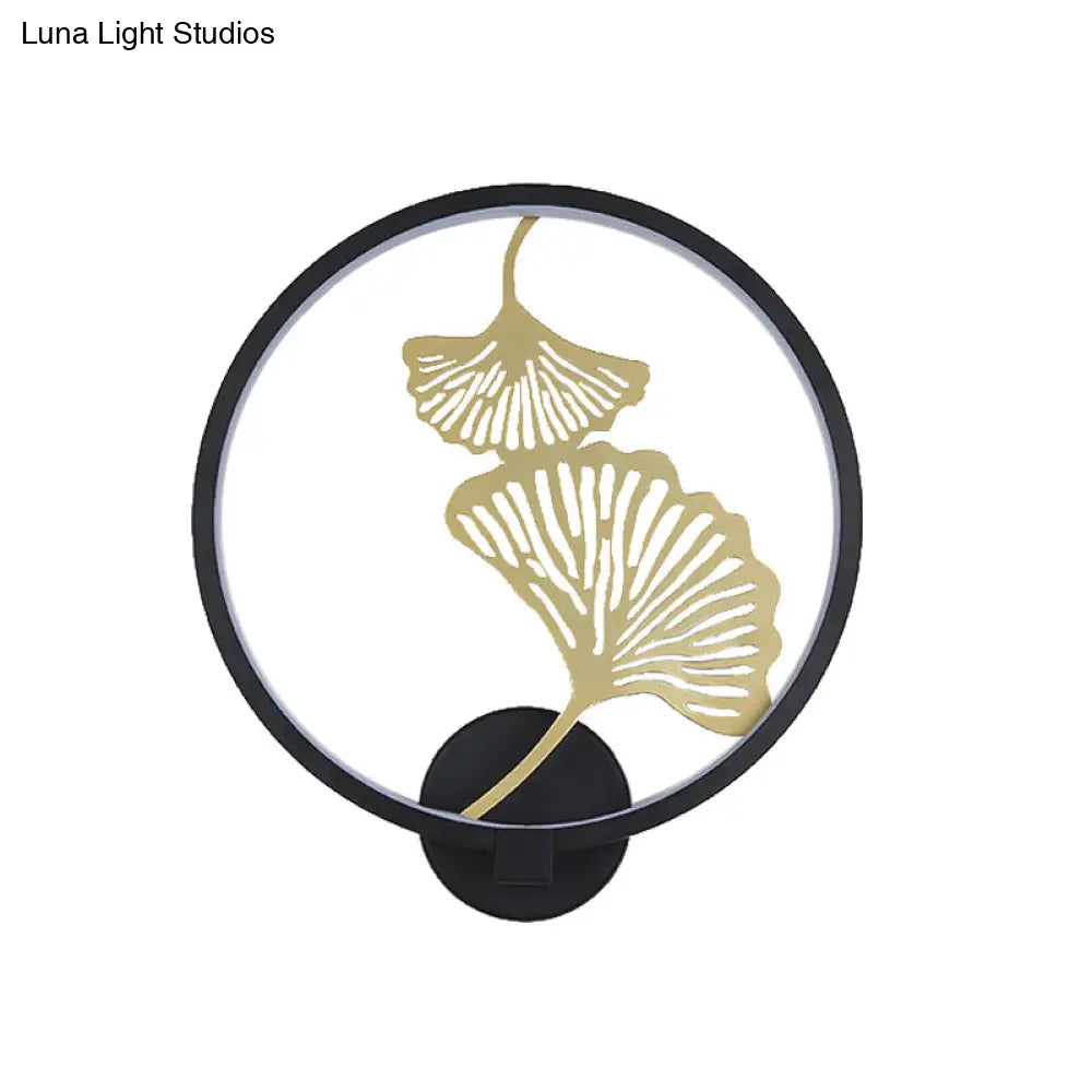 Circular Ginkgo Mural Light: Contemporary Led Metallic Wall Lighting For Living Room (Black/White