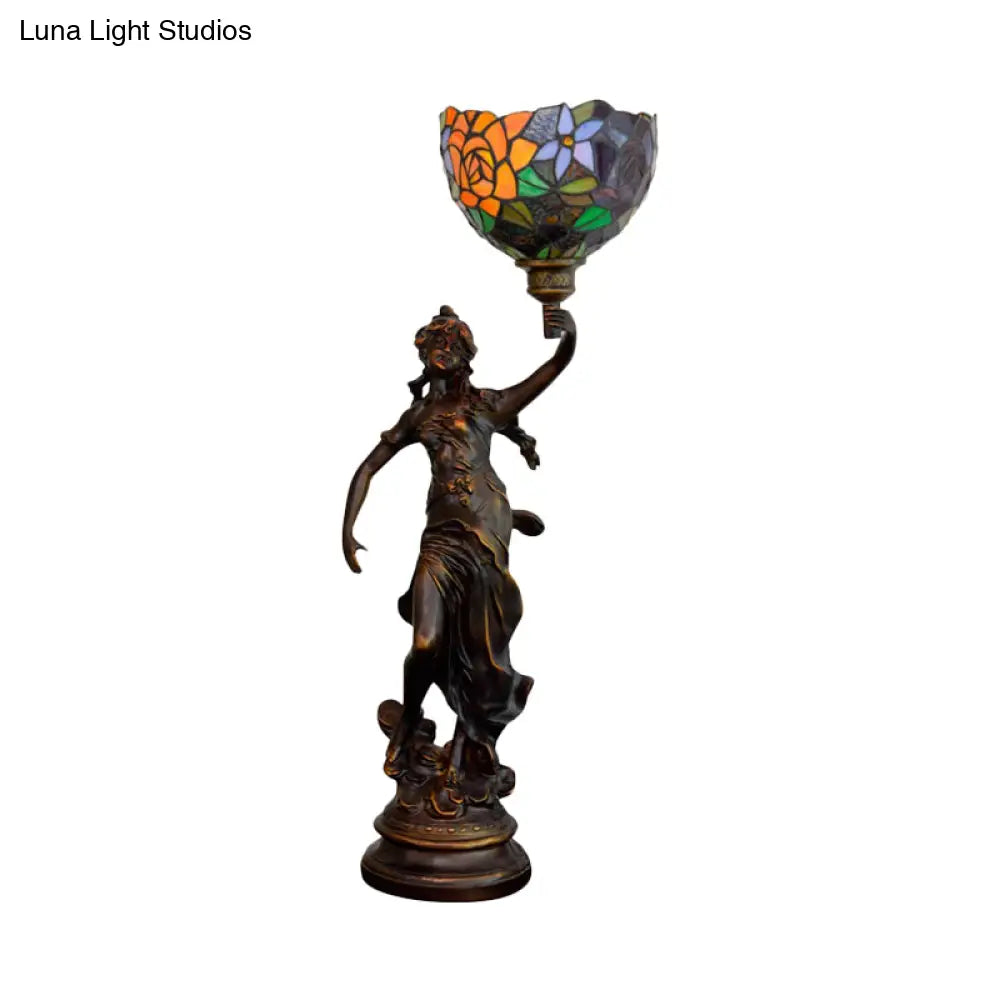 Clara - Tiffany Table Lighting in Bronze with Angel Statue Night Stand Light