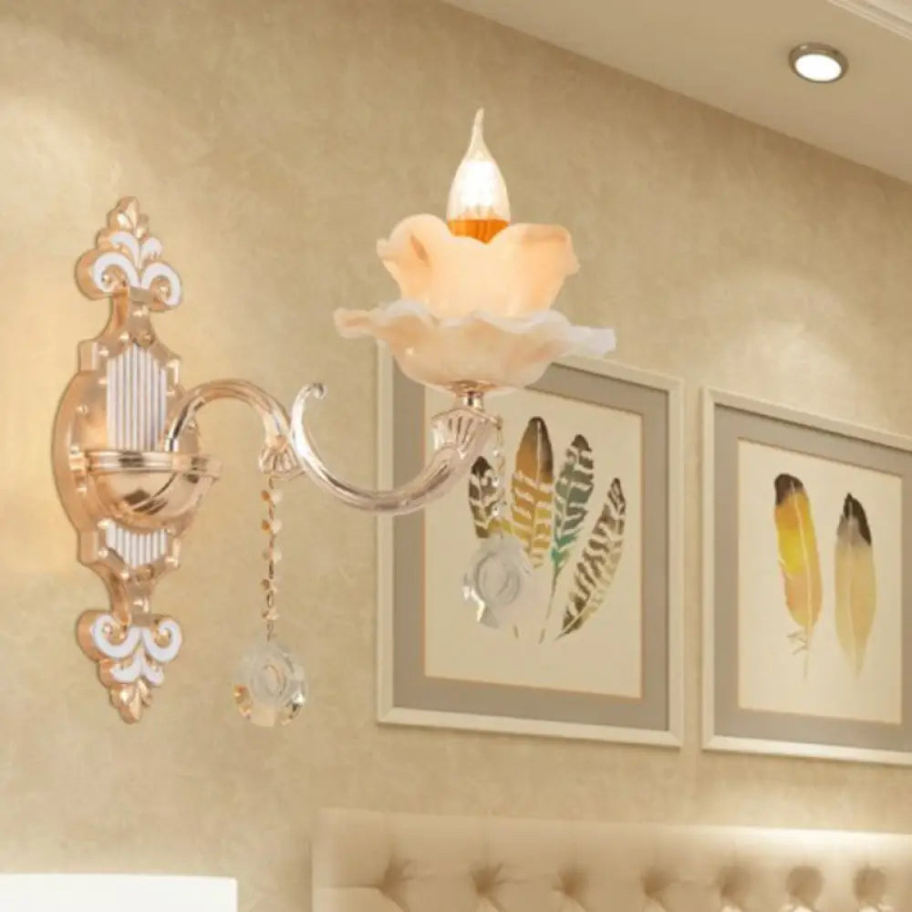 Classic Beige Candle Wall Sconce With Faux Jade Glass - Bedroom Lighting Fixture 1 / Lotus