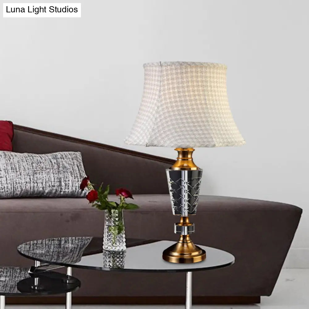 Classic Beige Single Bulb Table Lamp With Fabric Bell Shade And Carved Crystal Base