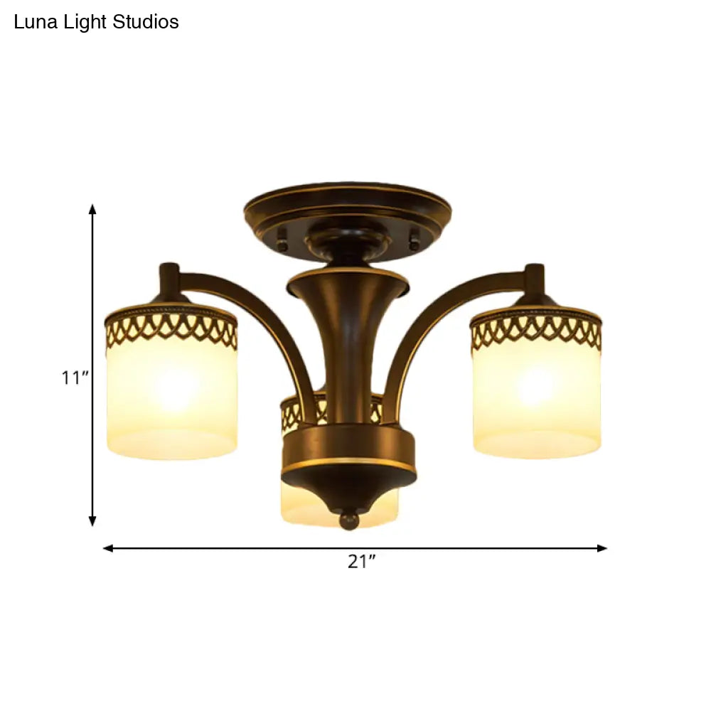 Classic Black Semi Mount Cylinder Ceiling Light Fixture With Twisted Arm - 3/6 Bulbs Tan Glass