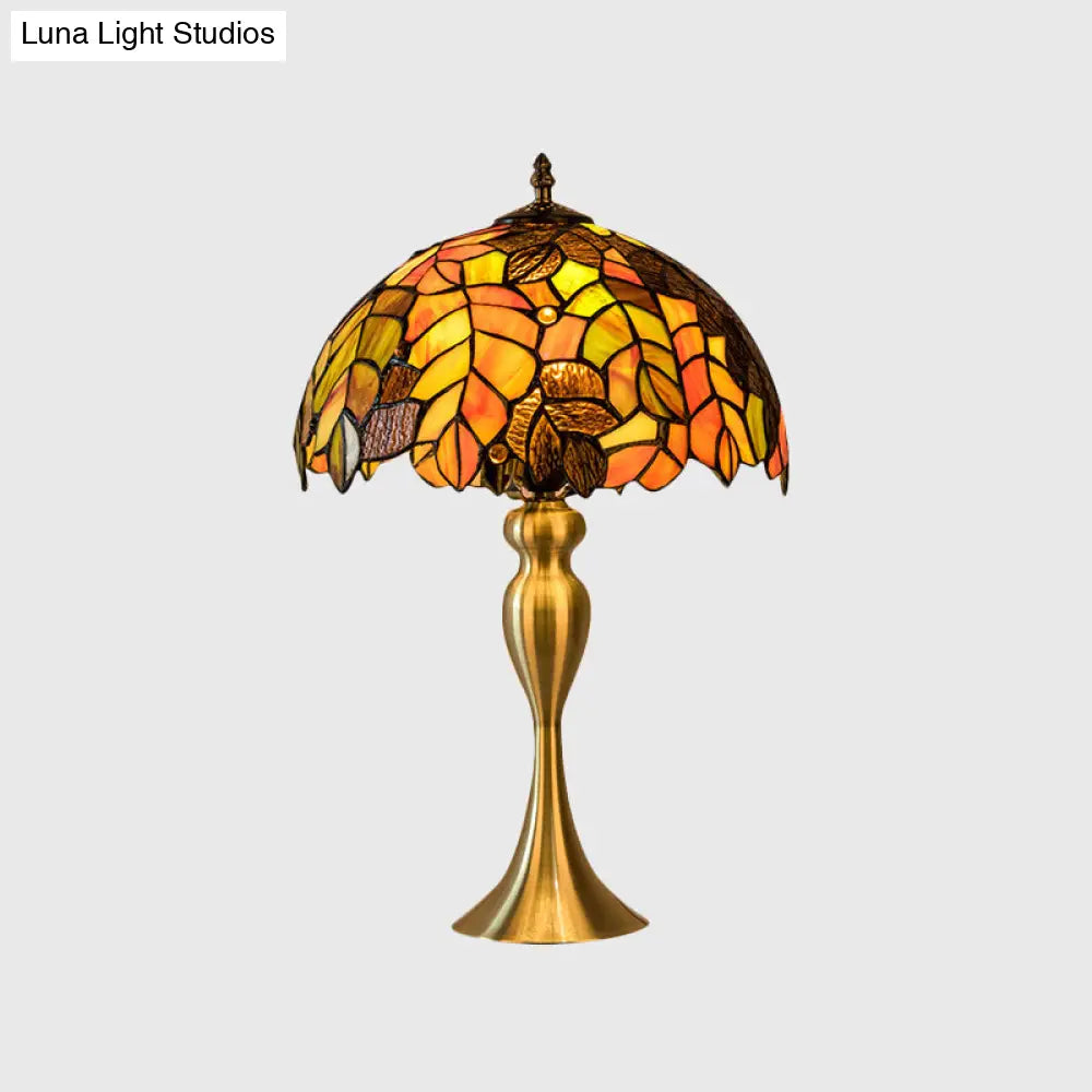 Classic Brass Bowl Night Table Lamp: Hand-Crafted Glass Desk Light With Leaf Pattern