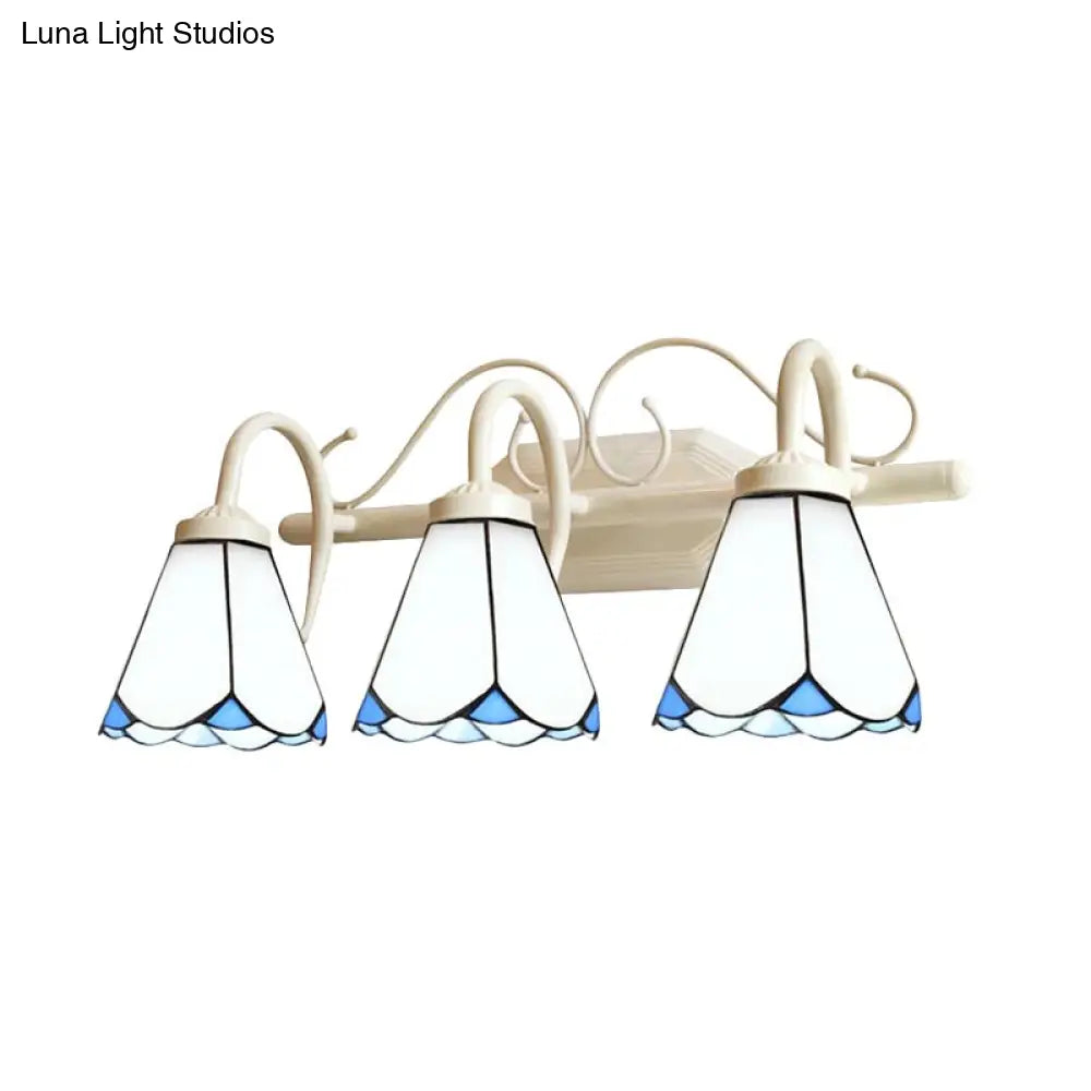 Classic Cone Wall Sconce With Curved Arm And White Glass - 2/3 Lights For Elegant Bathroom Lighting