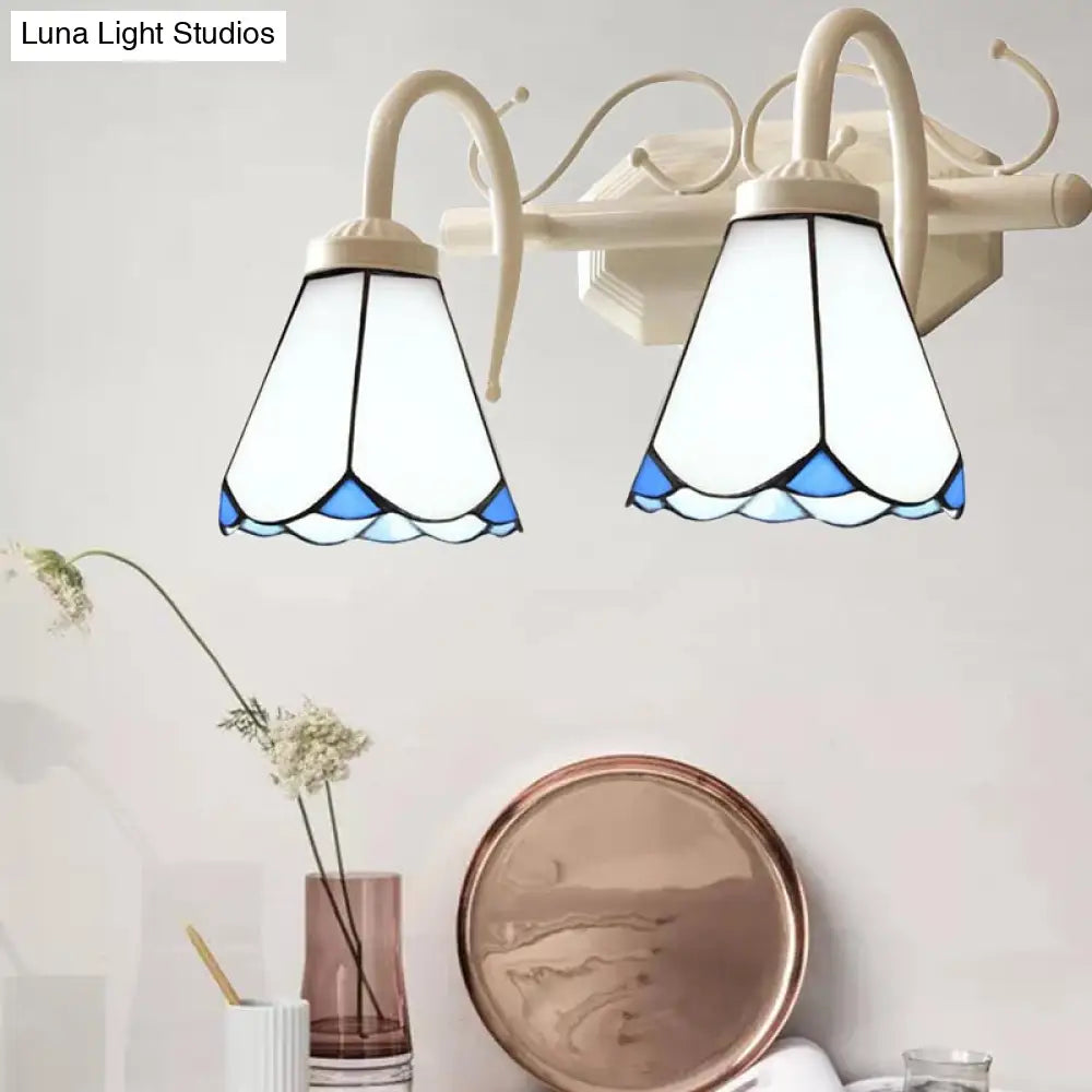 Classic Cone Wall Sconce With Curved Arm And White Glass - 2/3 Lights For Elegant Bathroom Lighting