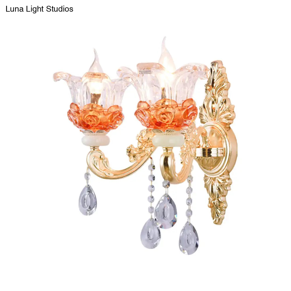 Classic Crystal Wall Light With Carved Arm And Backplate - 2 Lights Candlestick Sconce Lamp In