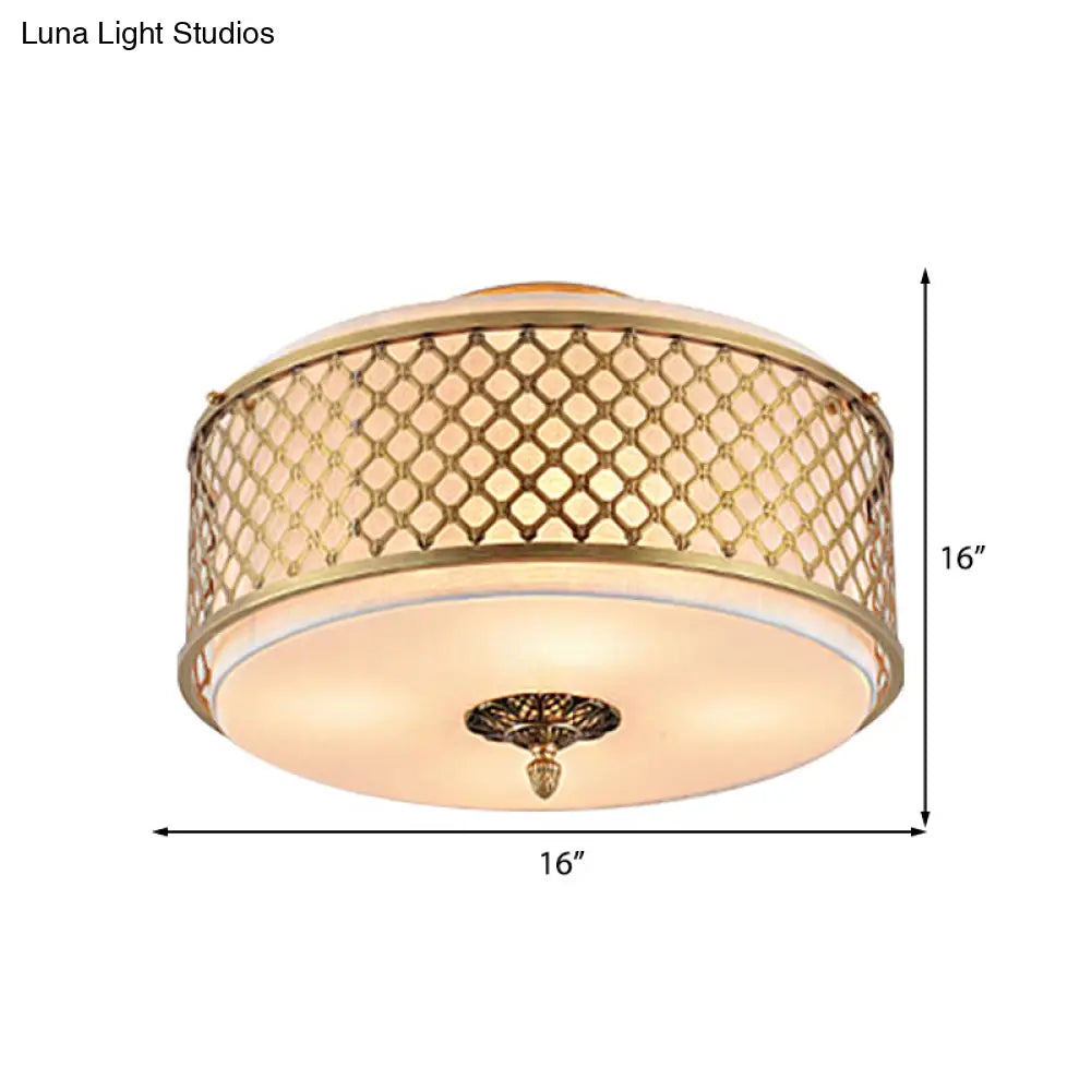 Classic Drum Metal Flush Mount Lamp Brass Finish 4/5 Lights 16’/19.5’ Wide Living Room Ceiling