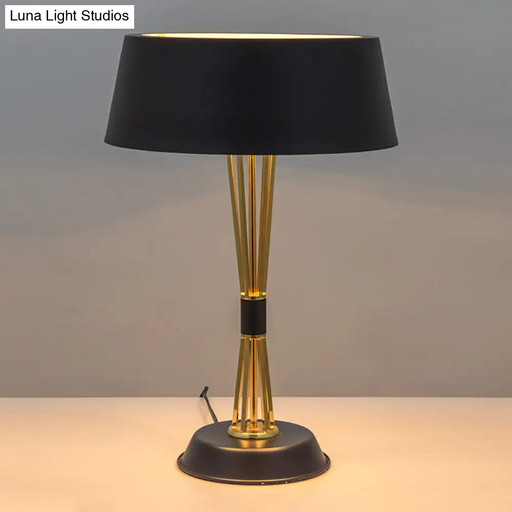Classic Drum Reading Light Fabric Desk Lamp - Black Metal Base Bedroom Illumination Solution
