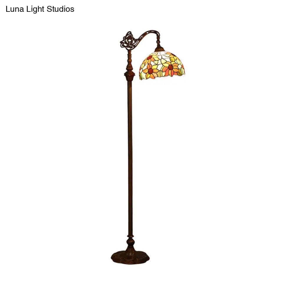 Classic Floral Stained Glass Reading Floor Light - Single-Bulb Standing Fixture In Orange