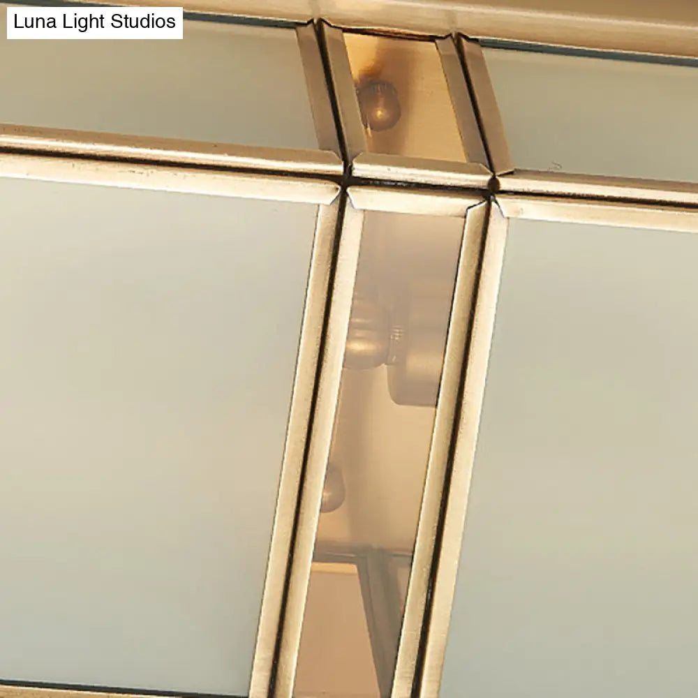 Classic Frosted Glass 4-Light Brass Rectangle Flush Mount Fixture For Living Room