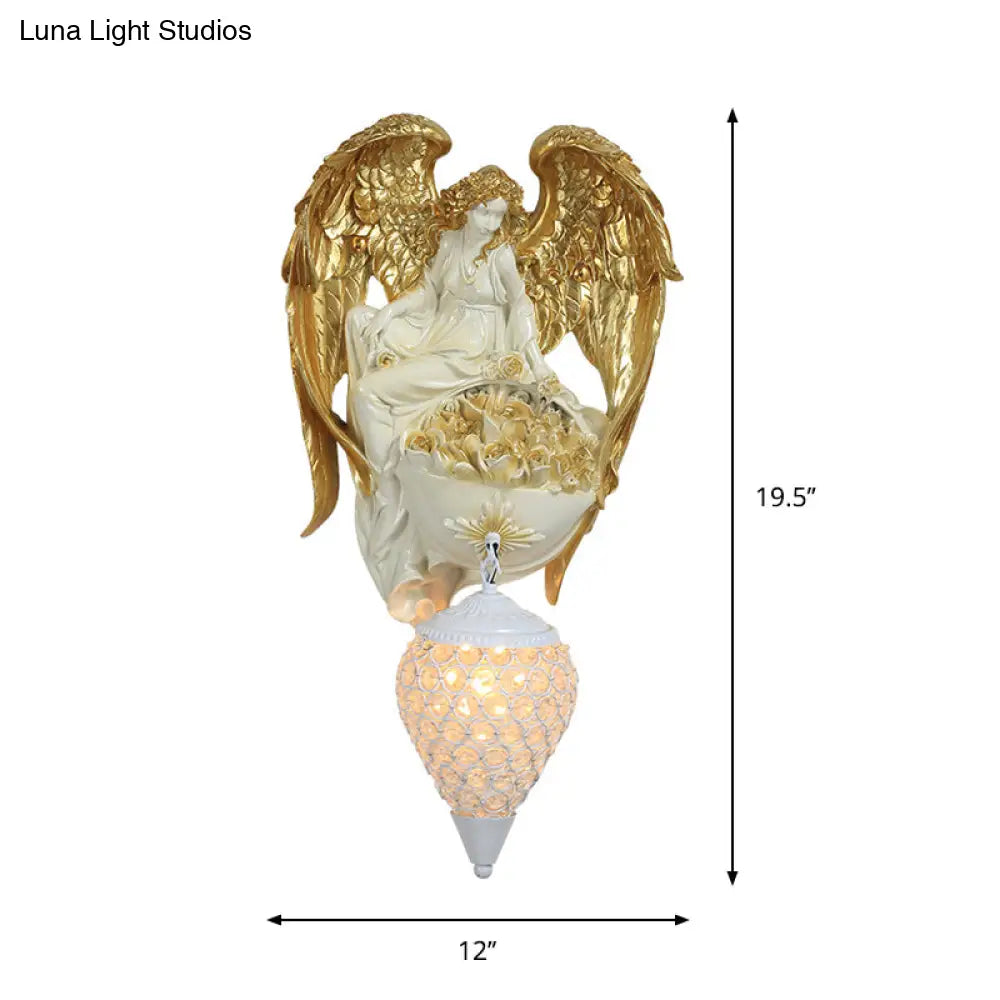 Classic Style Water Drop Crystal Wall Sconce With Angel And Blossom Design - Gold/Dark Gold Finish