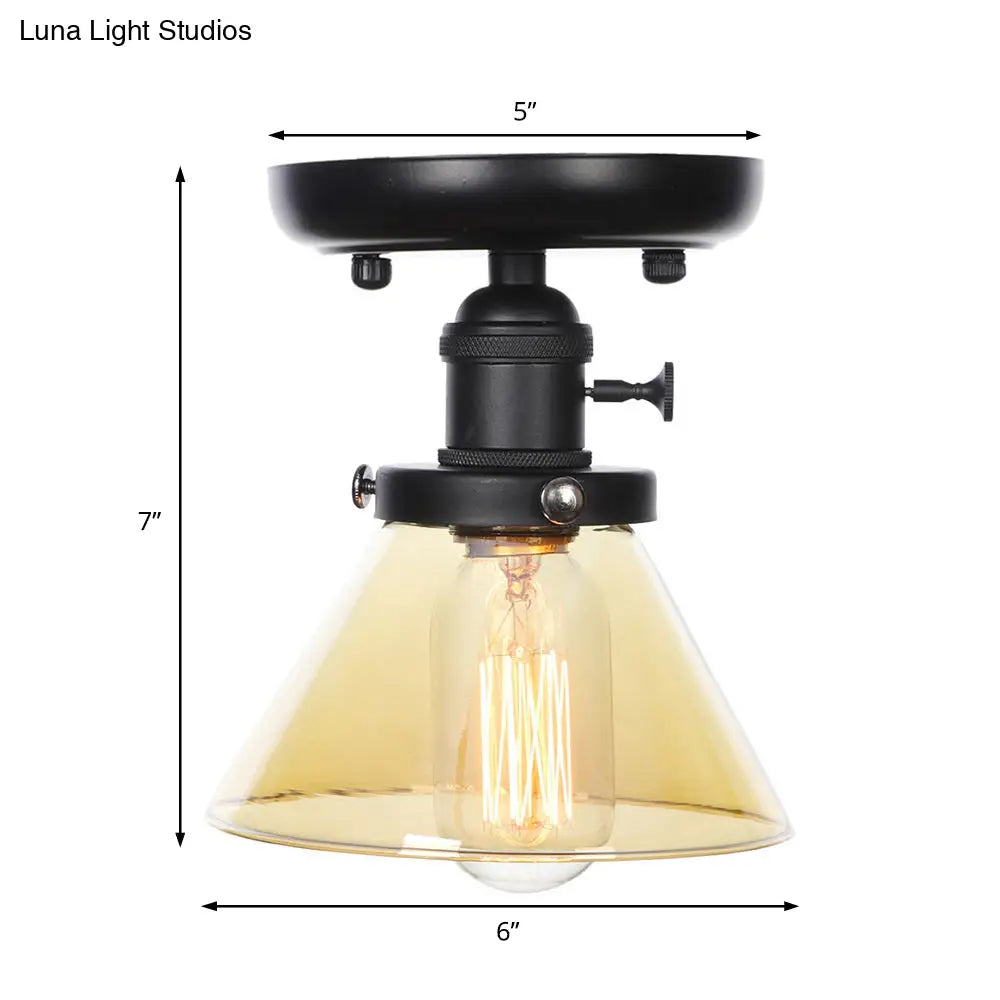 Clear/Amber Glass Semi Flush Mount Ceiling Light For Kitchen - Industrial Cone/Rhombus/Bell Design