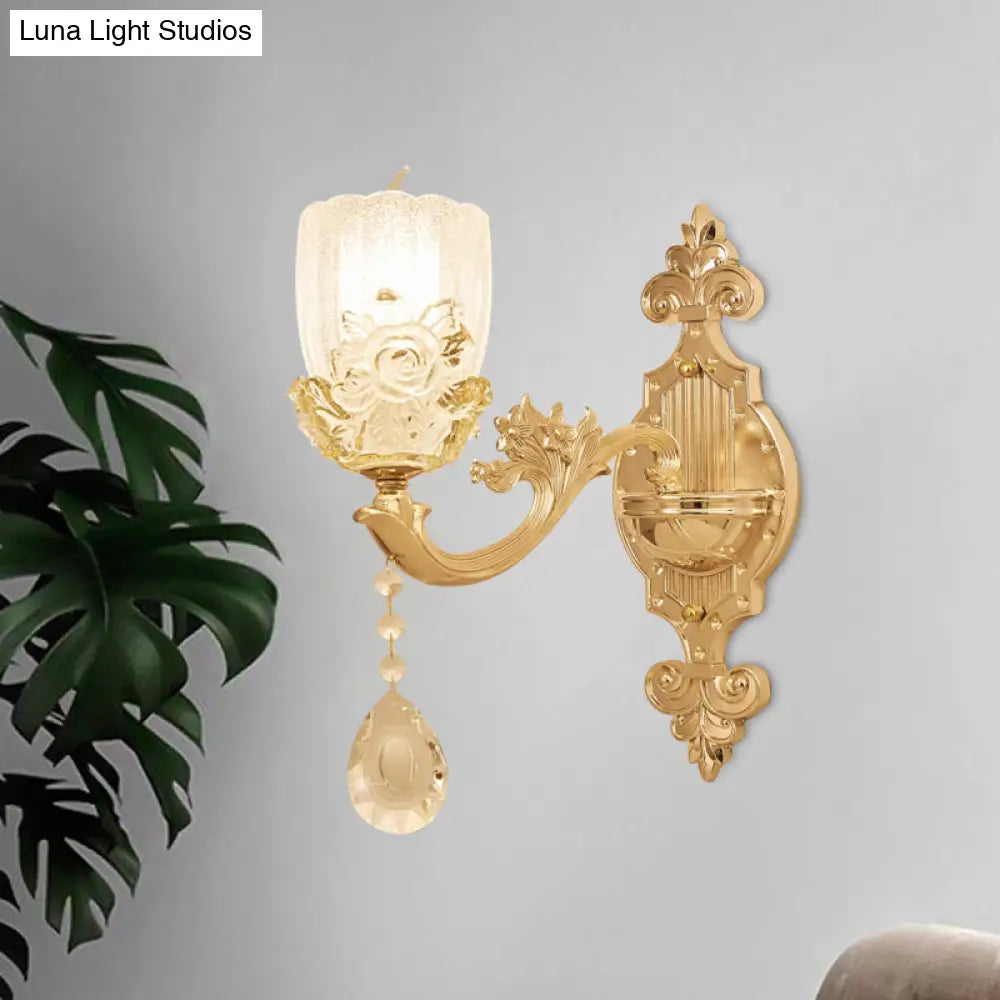 Clear Crystal Floral Shade Wall Lamp - Traditional Brass Sconce Light With Curvy Arm 1/2-Head