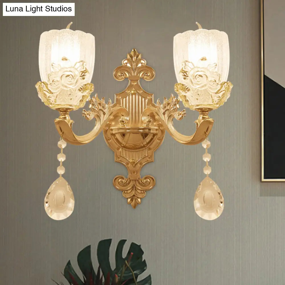 Clear Crystal Floral Shade Wall Lamp - Traditional Brass Sconce Light With Curvy Arm 1/2-Head