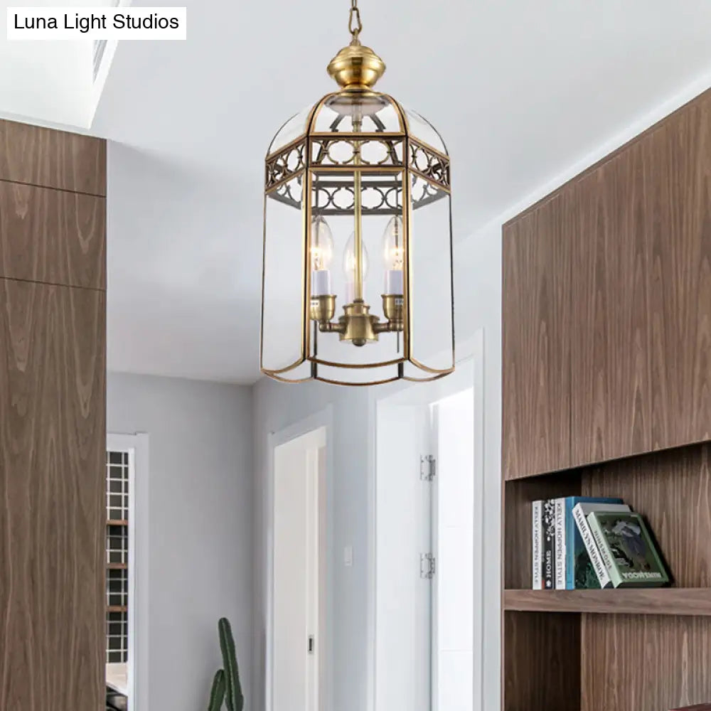 Clear Glass Colonial Lantern Pendant Chandelier- 3 Heads; Ideal Hallway Lighting Fixture