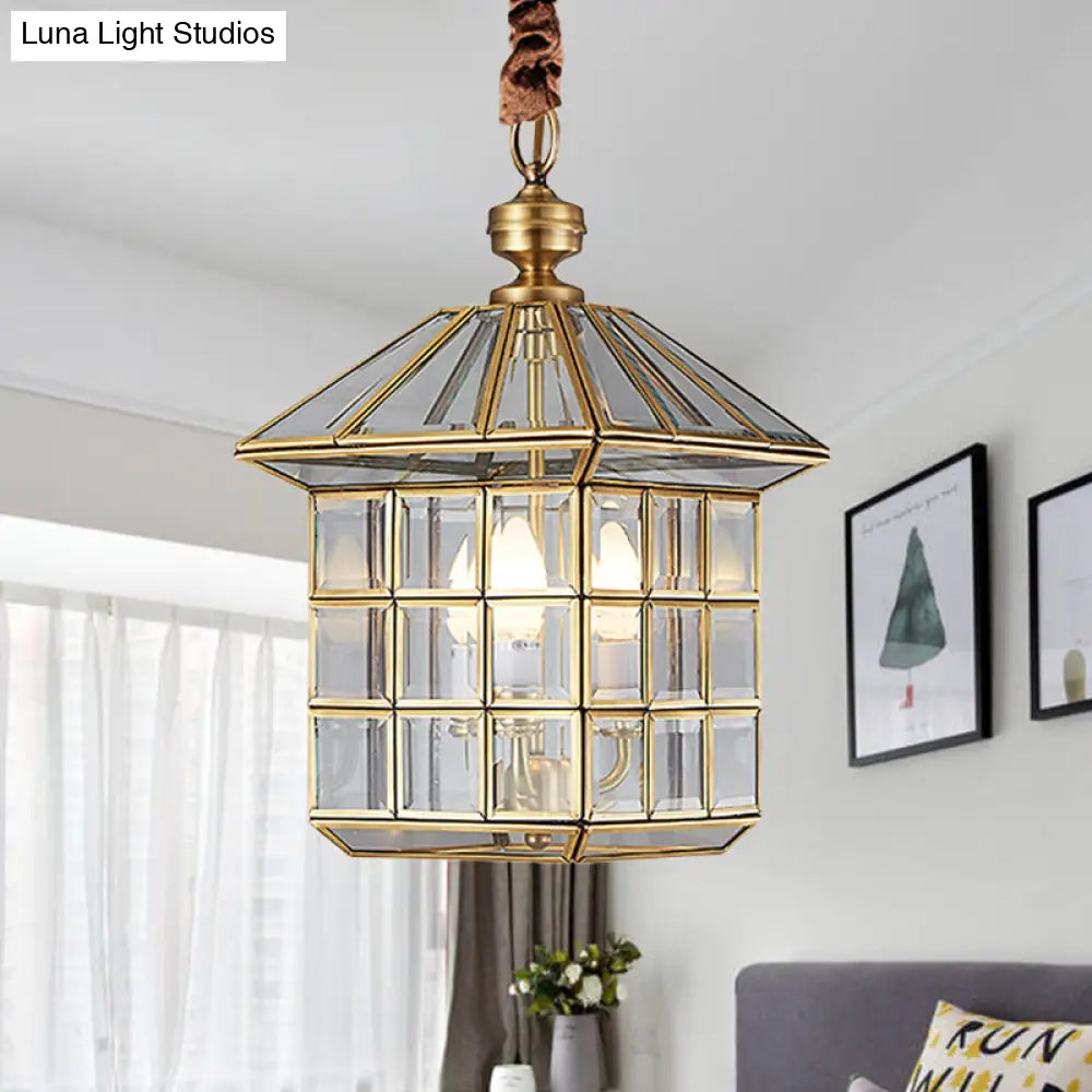 Clear Glass Colonial Yard Chandelier Light - 10/12 W Lantern Pendant Lamp With 3 Bulbs