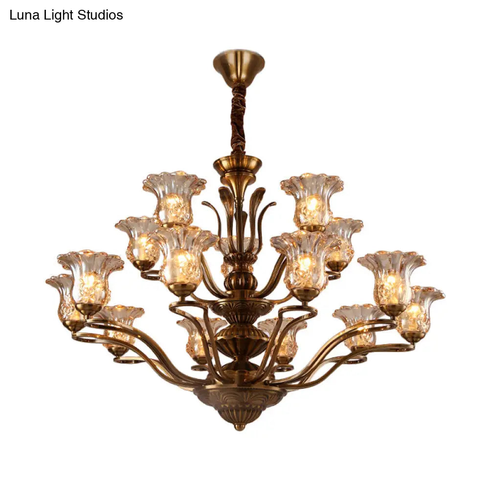 Clear Glass Pendant Chandelier With Branching Design - Rustic Living Room Ceiling Light In Brass